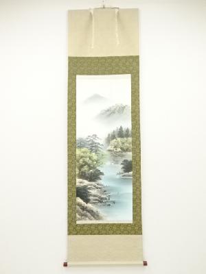 佐久間青苔筆　彩色山水　肉筆絹本掛軸（共箱）